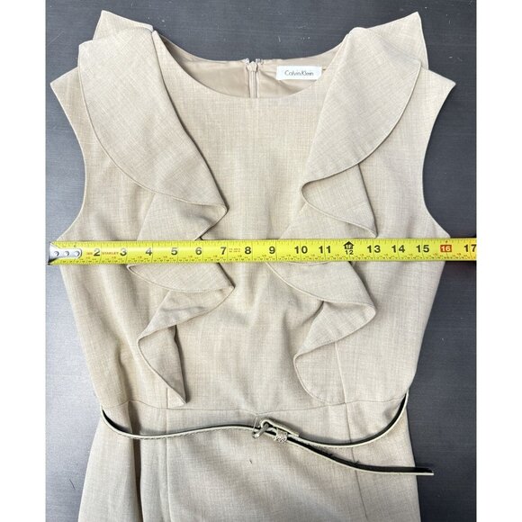 Calvin Klein Pencil Dress Beige Ruffles Sleeveless Gold Belted Preppy Corpcore 4 - Picture 8 of 10